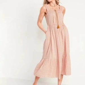 Old Navy Shortened Sleeveless Embroidered Clip-Dot Dress in Pink Plaid